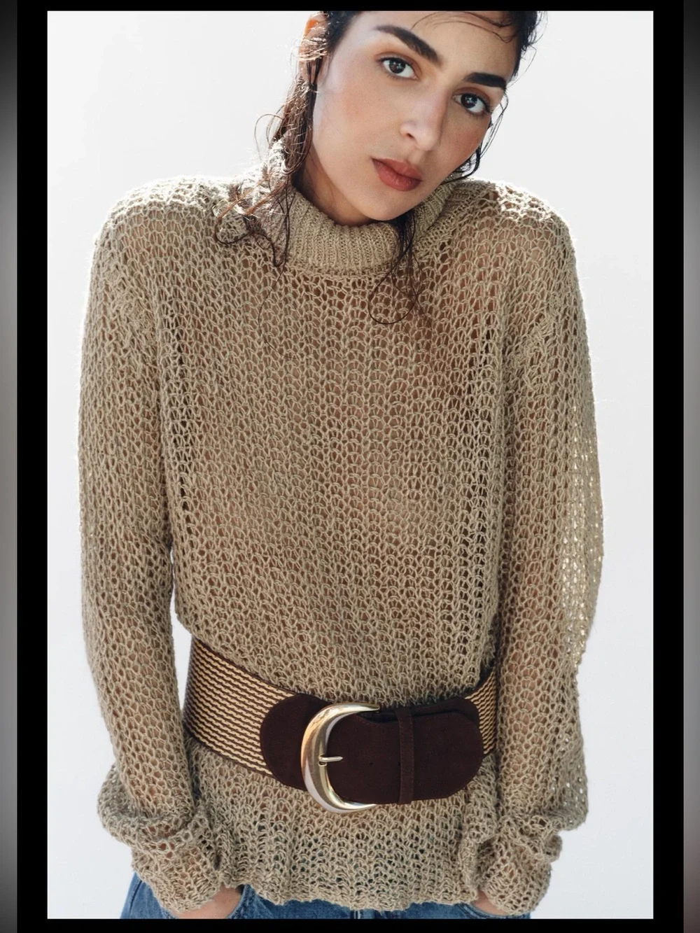 Zara raffia split leather belt